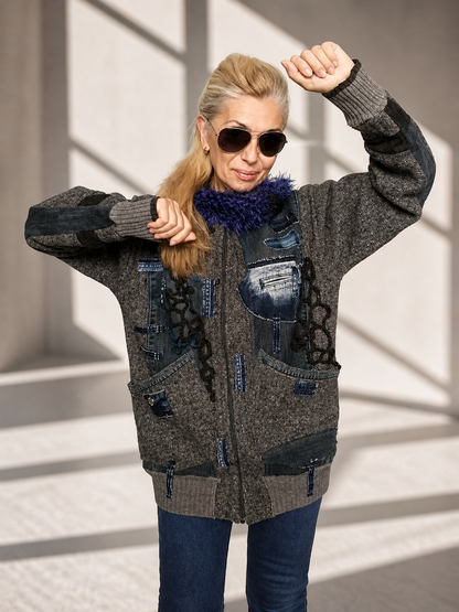 L/XL Hooded Denim Jacket – Gray Wool Blend Patchwork Boho Jacket