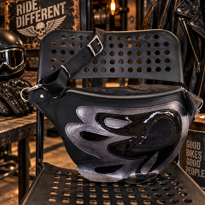 Black and silver handmade leather bag with adjustable strap