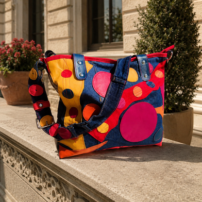 Large Colorful Leather Patchwork Tote Bag – Denim Shoulder Bag