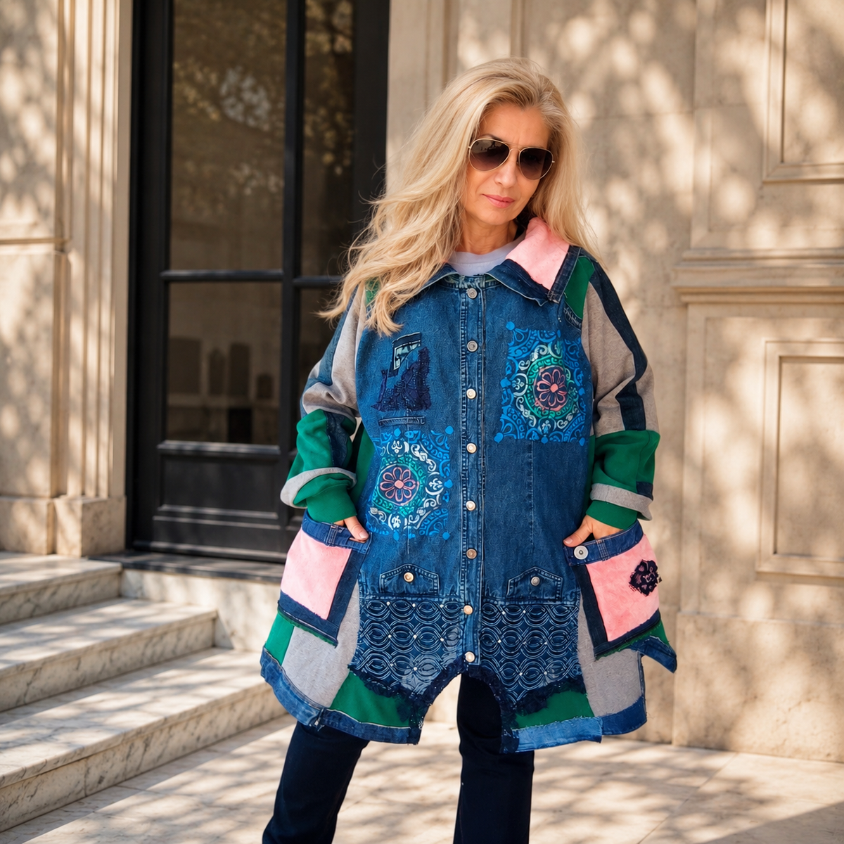 3XL Plus Size Denim Jacket – Boho Patchwork, Hand Painted Artwear