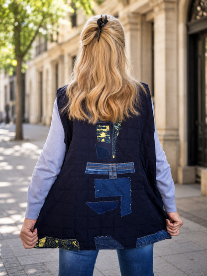 XL/2XL Plus Size Quilted Denim Vest – Blue Patchwork Sleeveless Jacket