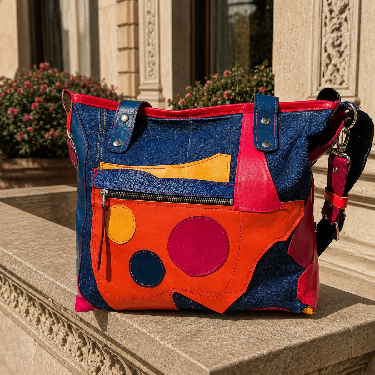 Large Colorful Leather Patchwork Tote Bag – Denim Shoulder Bag
