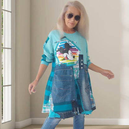 3XL Plus Size Mickey Mouse Dress – Turquoise Denim Patchwork Tunic