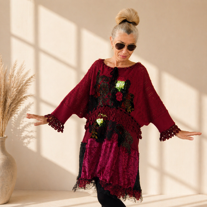 Plus Size Wine Red Sweater Dress,XL/4XL Upcycled Embroidered Knit Tunic
