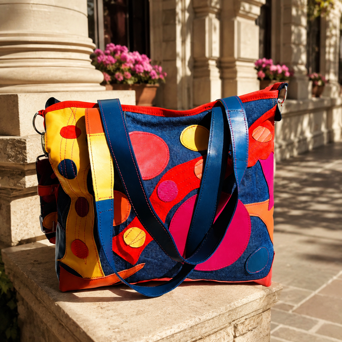 Large Colorful Leather Patchwork Tote Bag – Denim Shoulder Bag