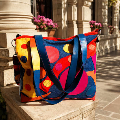 Large Colorful Leather Patchwork Tote Bag – Denim Shoulder Bag
