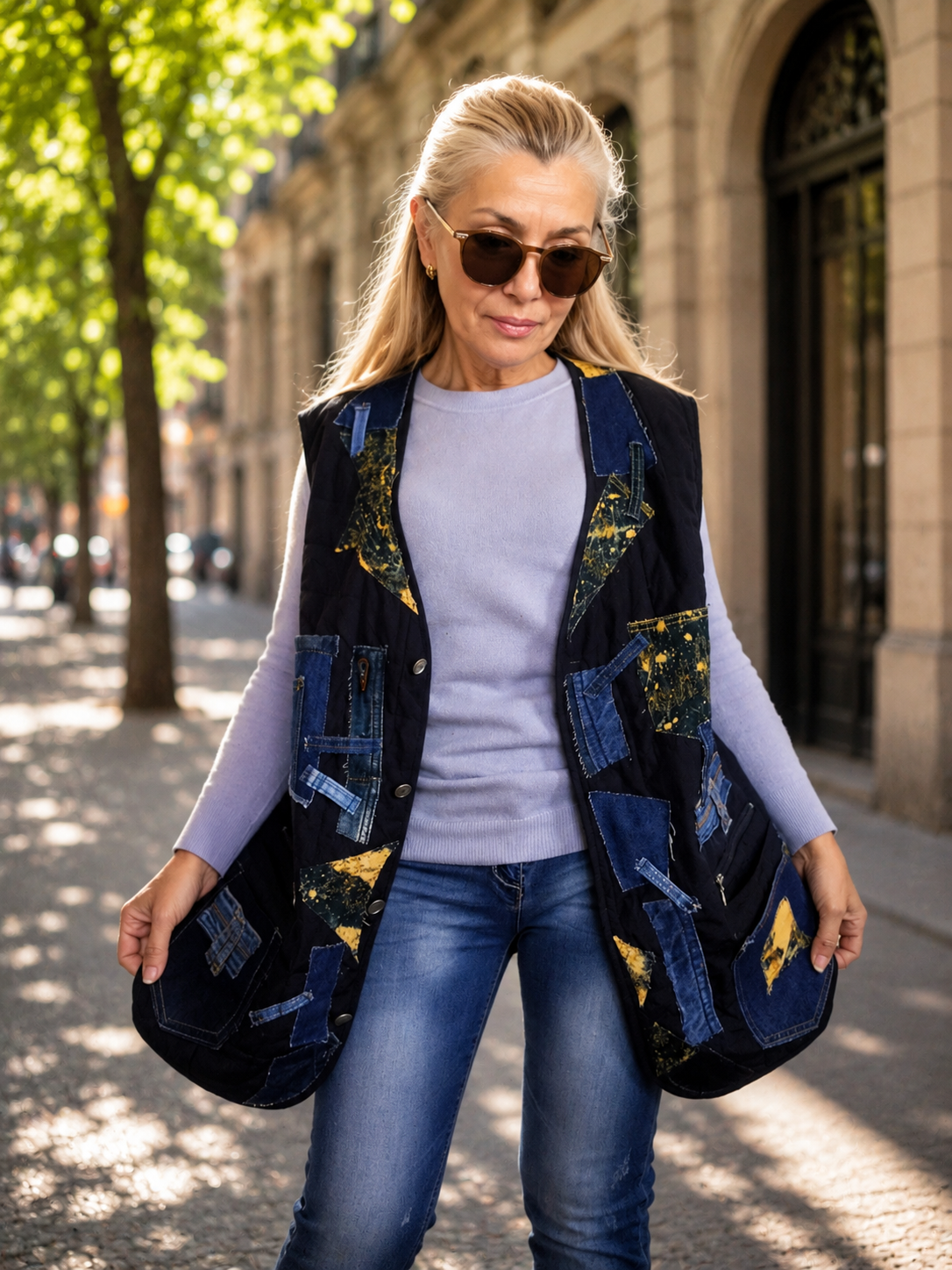 XL/2XL Plus Size Quilted Denim Vest – Blue Patchwork Sleeveless Jacket