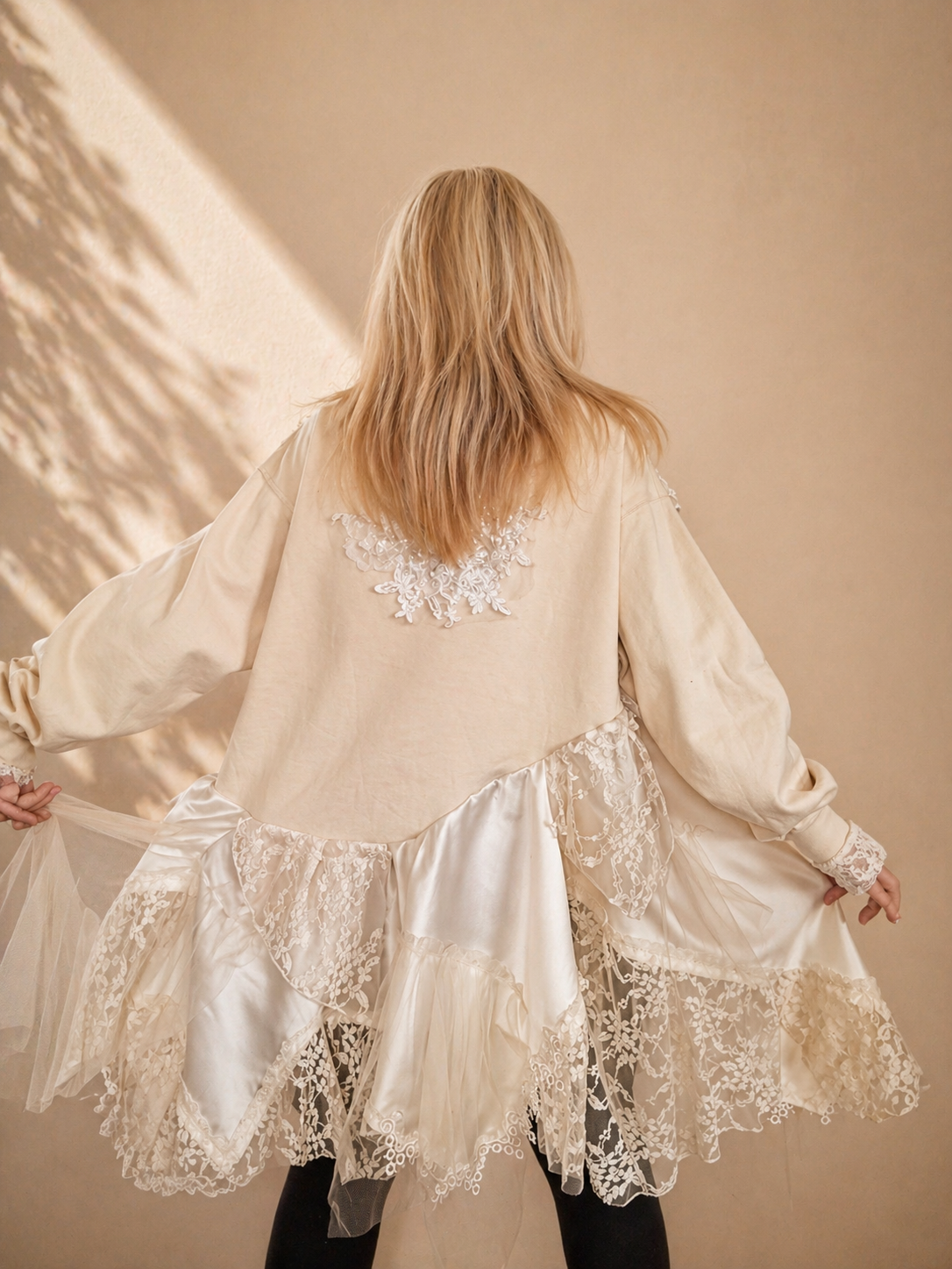 Plus Size Beige Sweatshirt Dress,3XL Loose Floral Satin Dress