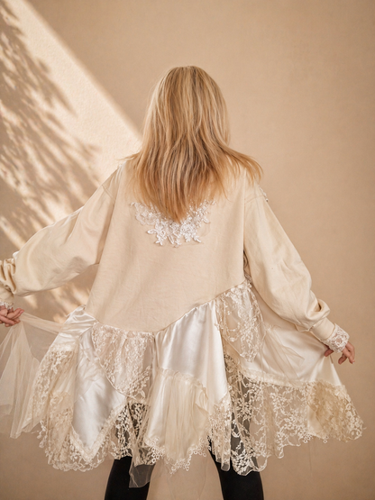 Plus Size Beige Sweatshirt Dress,3XL Loose Floral Satin Dress