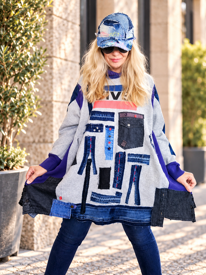 5XL plus size handmade hooded sweatshirt dress made from gray LEVI'S cotton fleece with blue denim patchwork, contrasting purple hood and cuffs, and decorative denim pockets. Relaxed oversized tunic design by MARTINELI.
