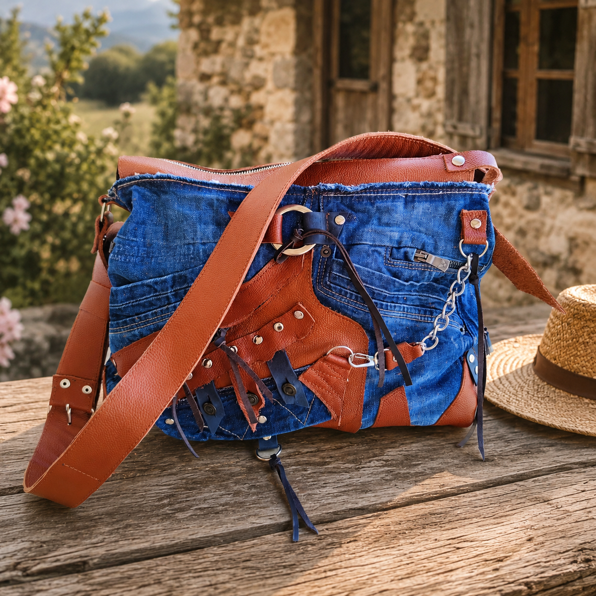 Denim and Leather Crossbody Bag – Handmade Upcycled Jeans Shoulder Bag