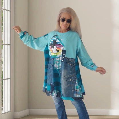 3XL Plus Size Mickey Mouse Dress – Turquoise Denim Patchwork Tunic
