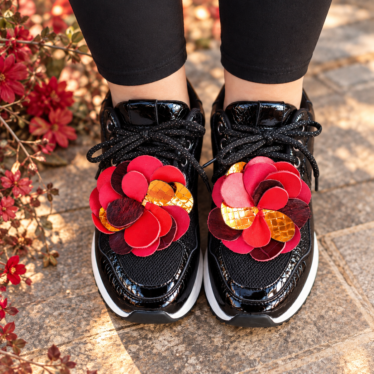 Red and orange handmade leather flower sneaker charms on white sneakers – MARTINELI