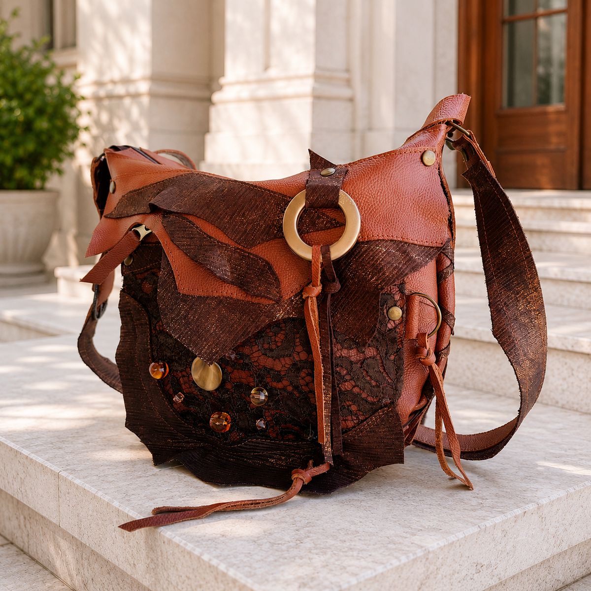 Brown Leather Crossbody Bag – Boho Patchwork Shoulder Bag