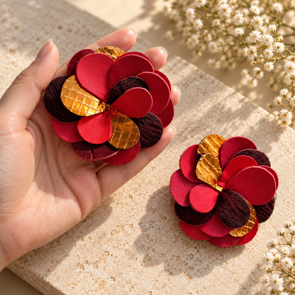 Layered red hair-on and orange croco-print leather sneaker flower charm