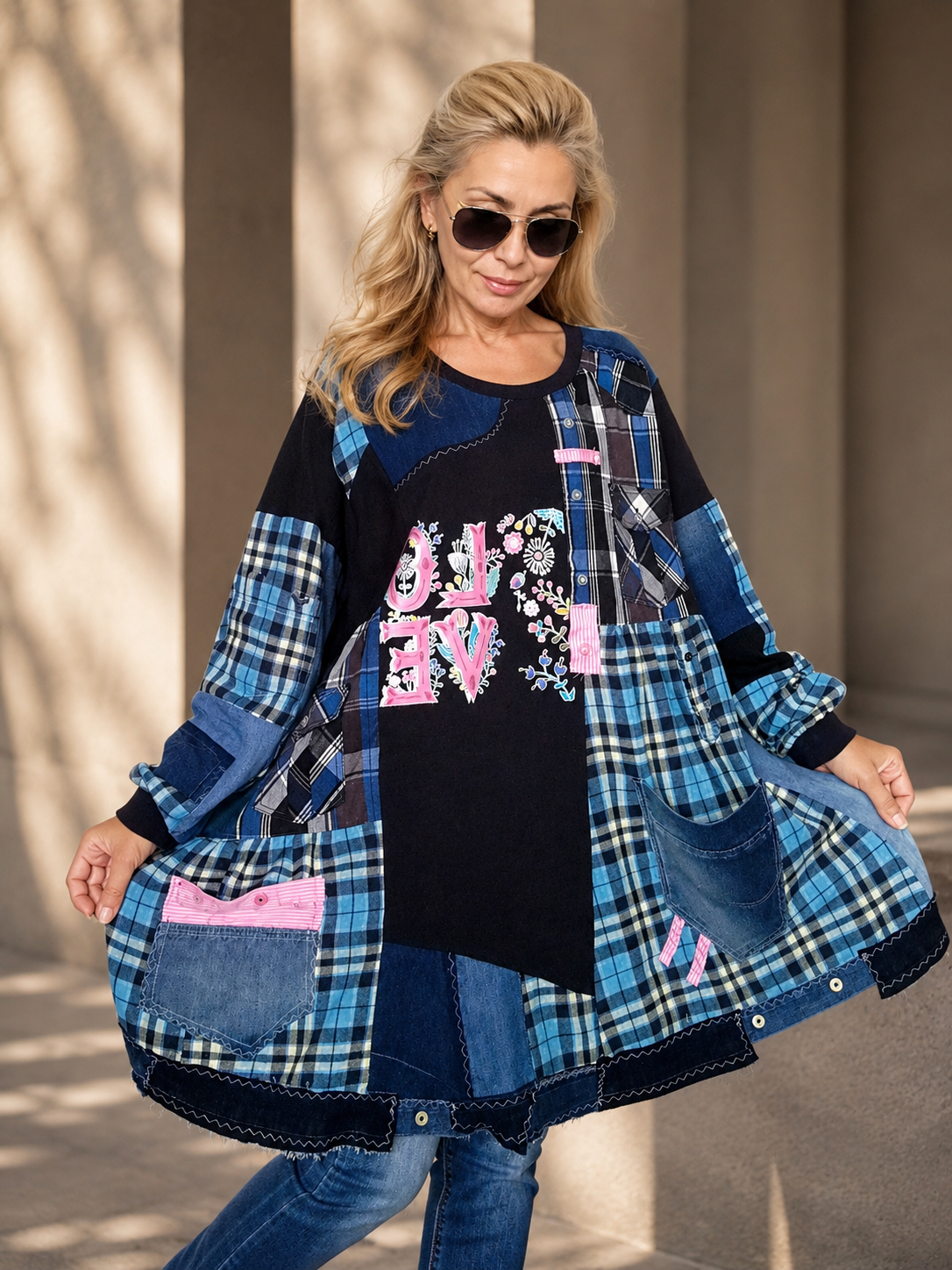 4XL Plus Size Plaid Denim Dress – Boho Patchwork Tunic