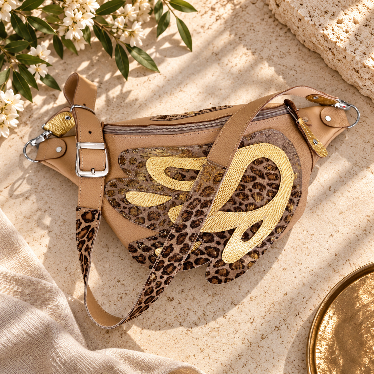 Beige Italian leather Angel Wing bag with adjustable strap