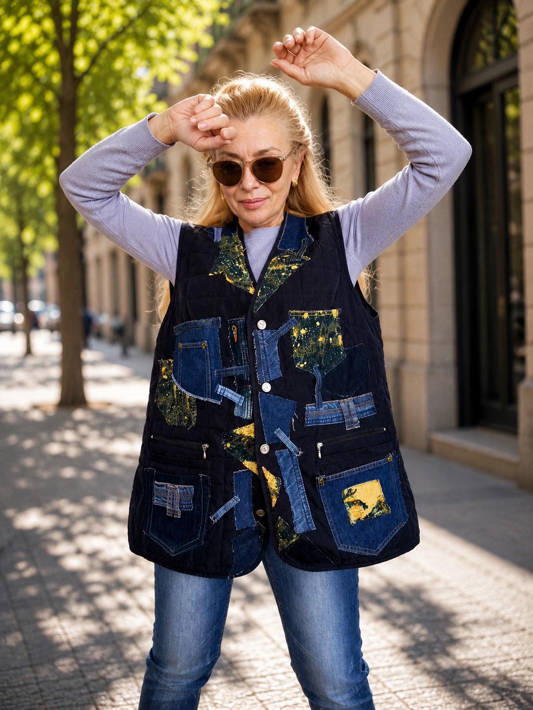 XL/2XL Plus Size Quilted Denim Vest – Blue Patchwork Sleeveless Jacket