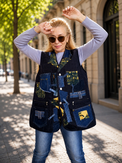 XL/2XL Plus Size Quilted Denim Vest – Blue Patchwork Sleeveless Jacket