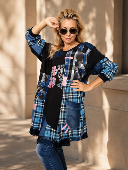 4XL Plus Size Plaid Denim Dress – Boho Patchwork Tunic
