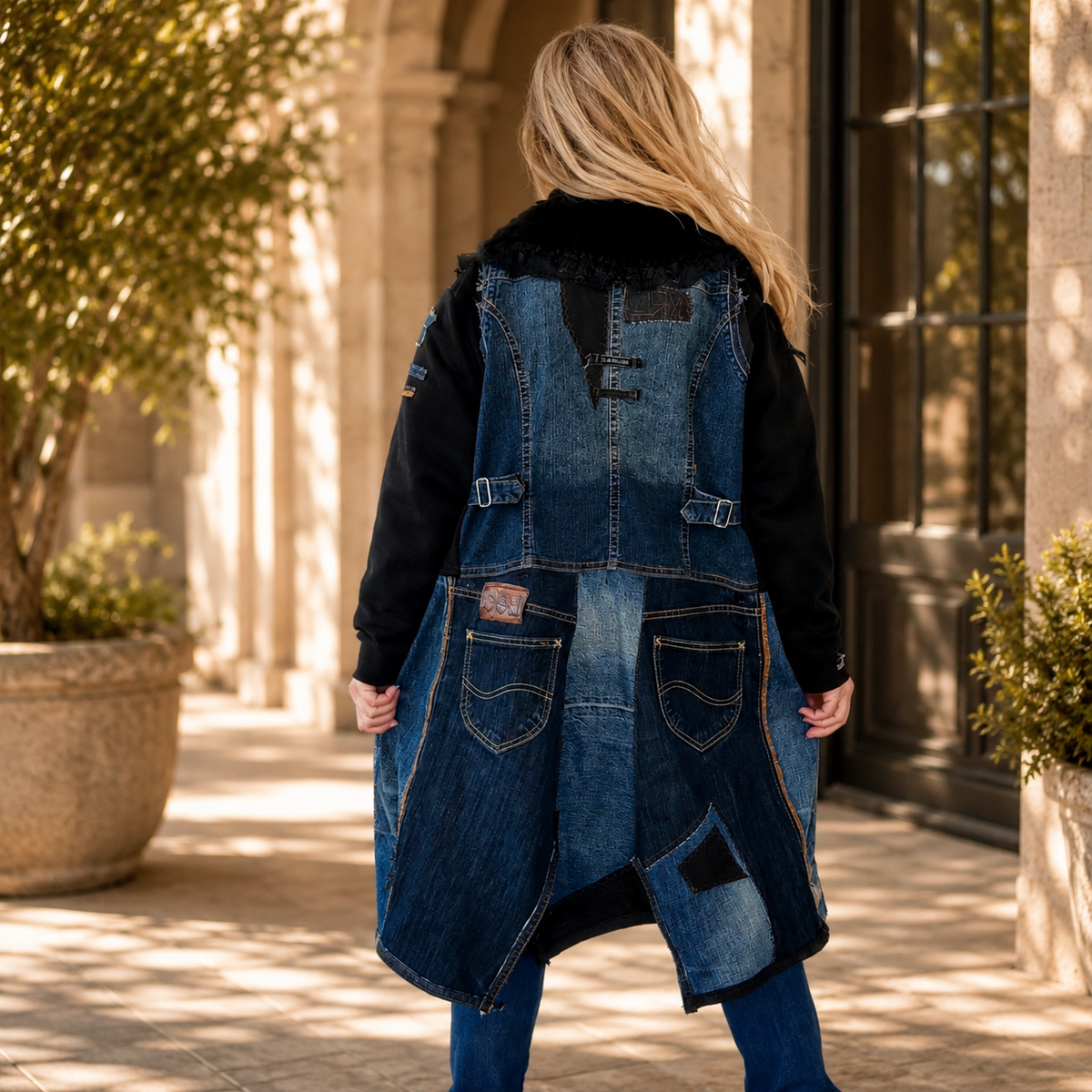 Back view of plus size upcycled denim duster coat