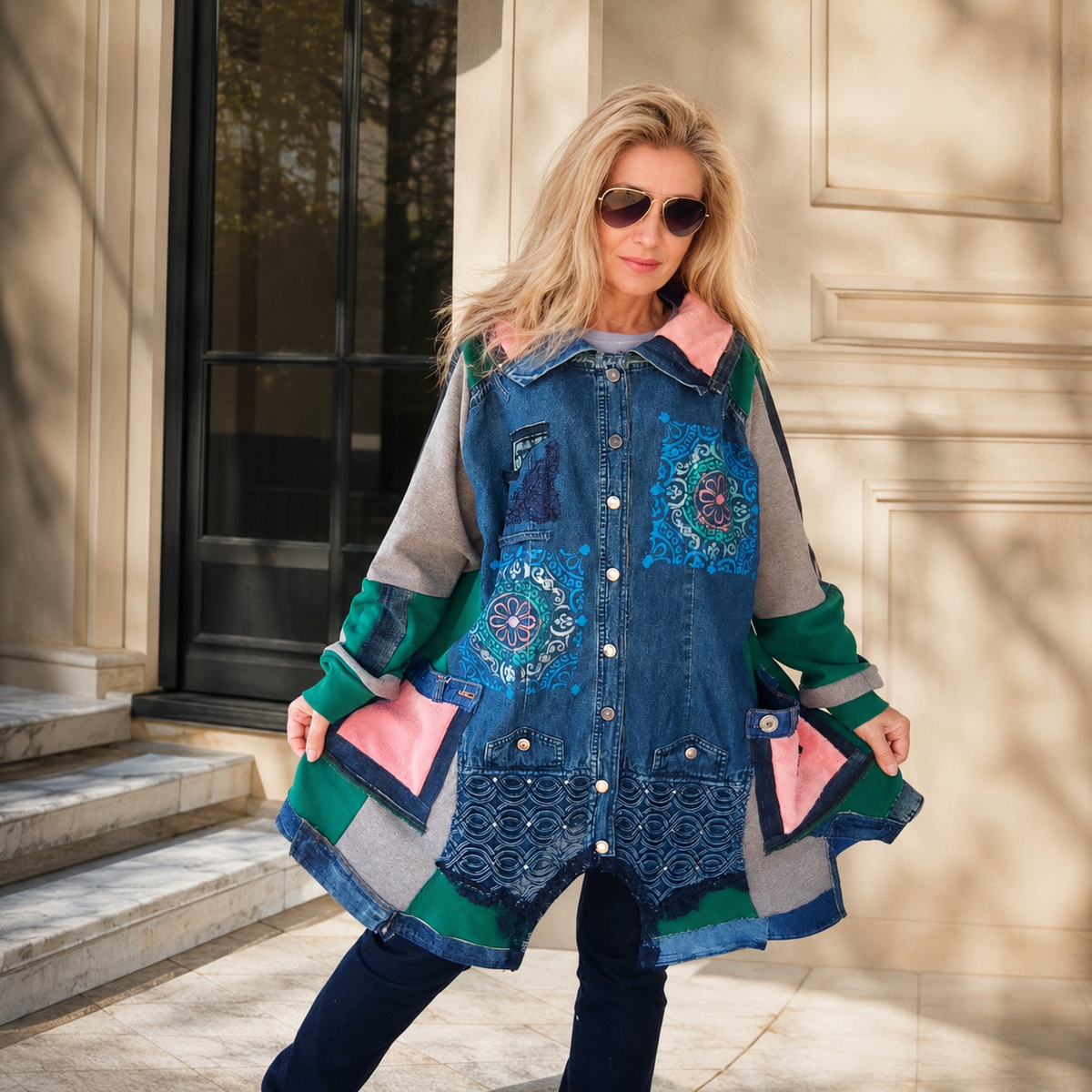 Woman modeling a handmade 3XL plus size blue denim patchwork jacket with green fleece sleeves, gray cotton, salmon pink furry fabric and hand-painted decorative details by MARTINELI.
 Copy ALT