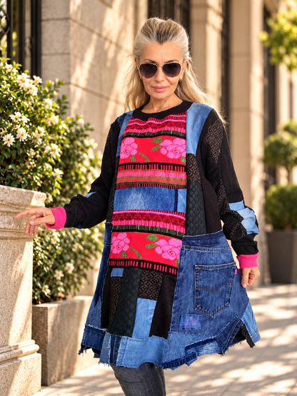 3XL Plus Size Denim Dress – Floral Boho Patchwork Tunic