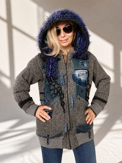 L/XL Hooded Denim Jacket – Gray Wool Blend Patchwork Boho Jacket