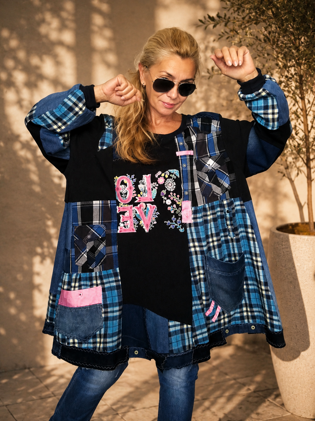 4XL Plus Size Plaid Denim Dress – Boho Patchwork Tunic