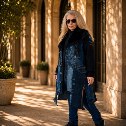 Plus Size 3XL Upcycled Denim Duster Coat – Patchwork Jean Jacket