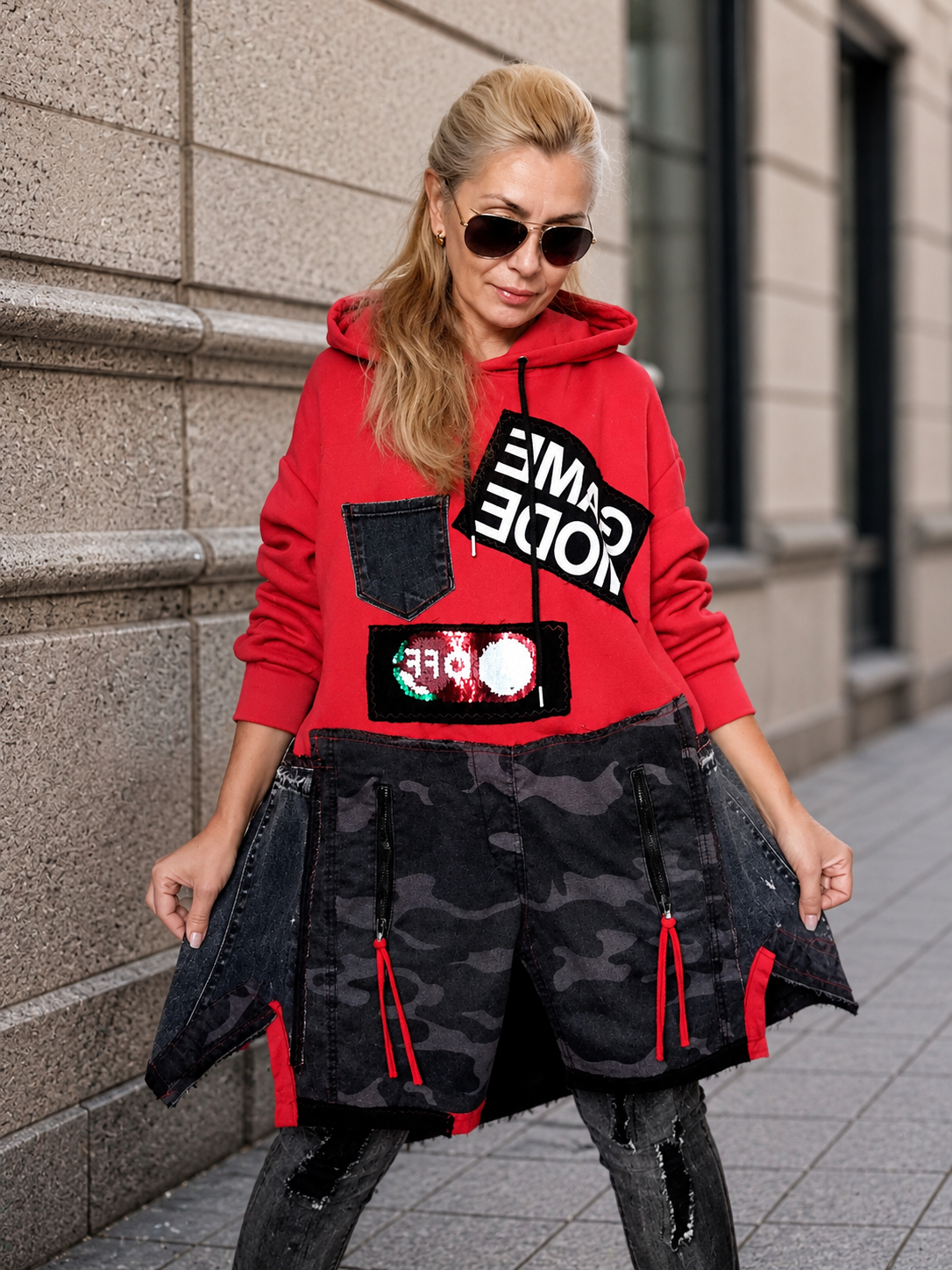 2XL Plus Size Red Hooded Sweatshirt Dress – Gray Camouflage Denim Patchwork Dress