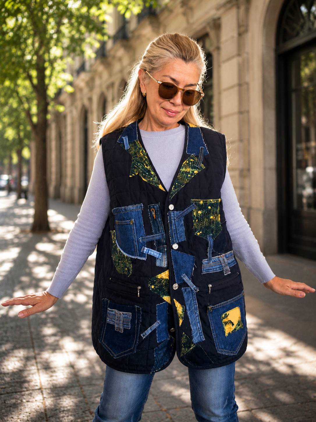 XL/2XL Plus Size Quilted Denim Vest – Blue Patchwork Sleeveless Jacket
