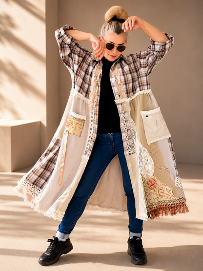 2XL Plus Size Linen Duster Dress – Beige Plaid Patchwork Boho Jacket