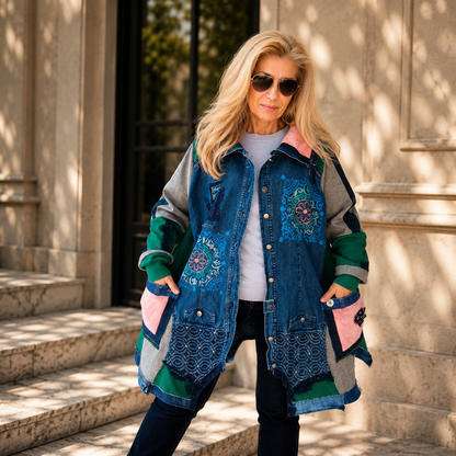 3XL Plus Size Denim Jacket – Boho Patchwork, Hand Painted Artwear