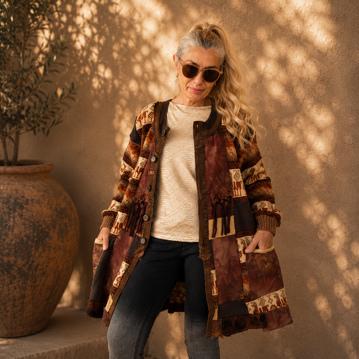 2XL Plus Size Wool Cardigan Dress – Brown Patchwork Boho Coat