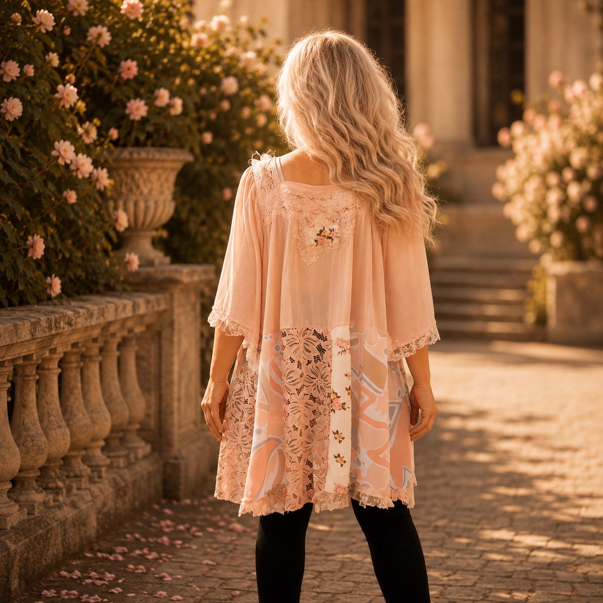 Back view of plus size 3XL 4XL pink patchwork tunic dress handmade by MARTINELI