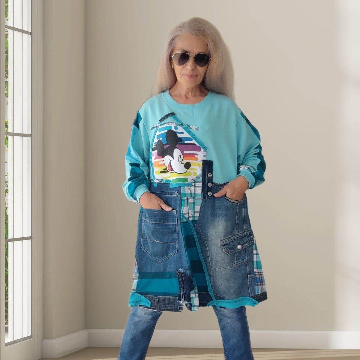 3XL Plus Size Mickey Mouse Dress – Turquoise Denim Patchwork Tunic