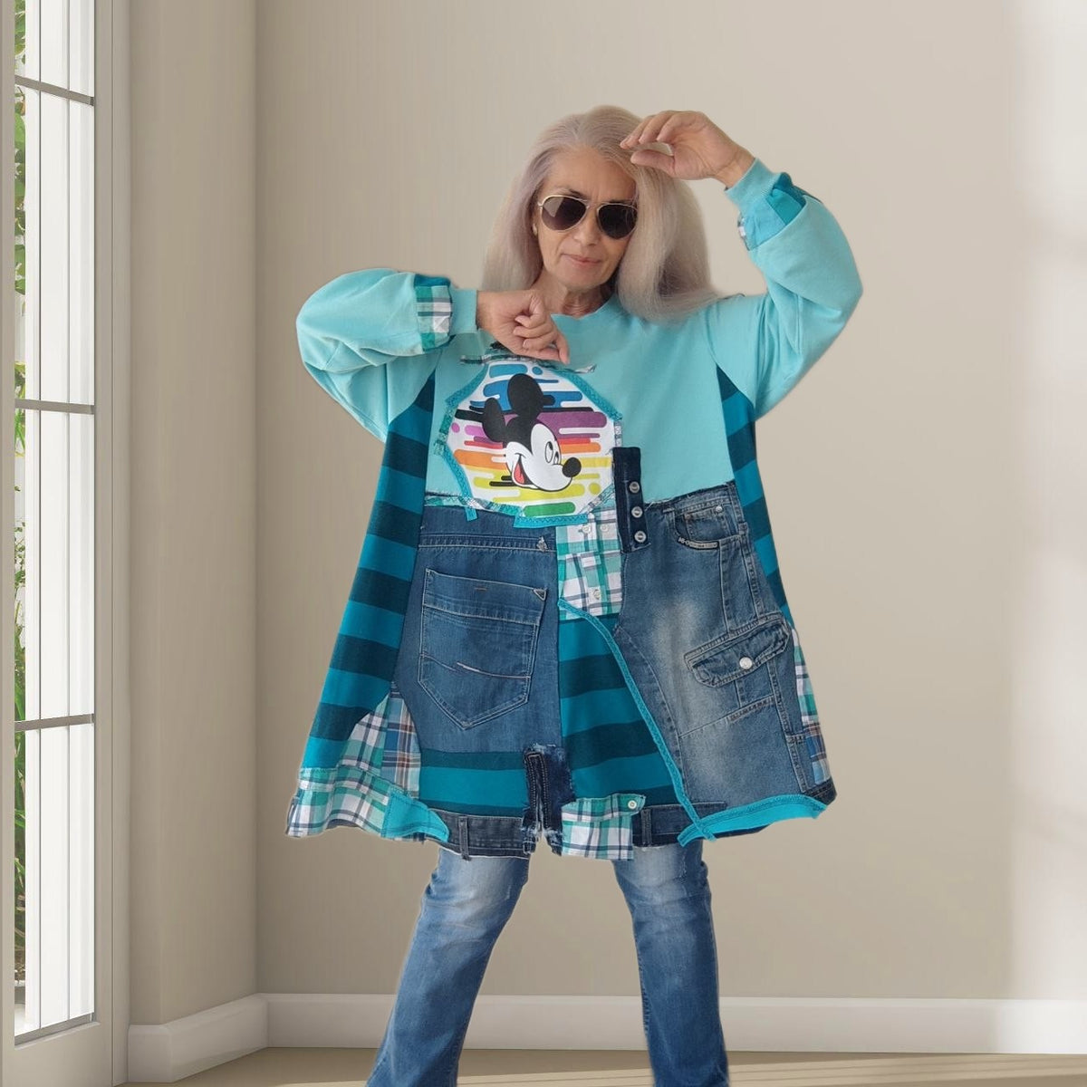 3XL Plus Size Mickey Mouse Dress – Turquoise Denim Patchwork Tunic