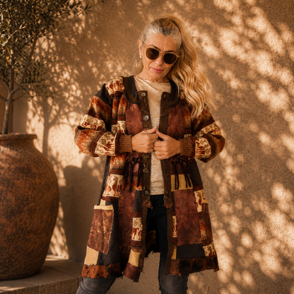 2XL Plus Size Wool Cardigan Dress – Brown Patchwork Boho Coat