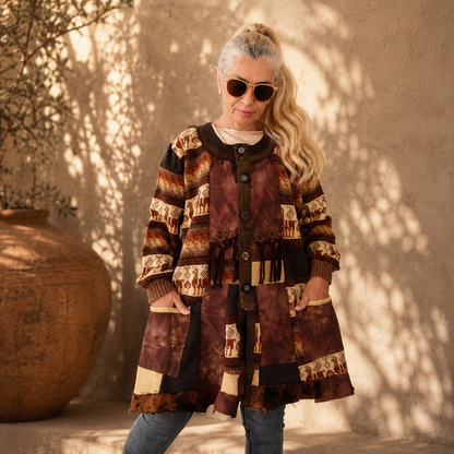 2XL Plus Size Wool Cardigan Dress – Brown Patchwork Boho Coat