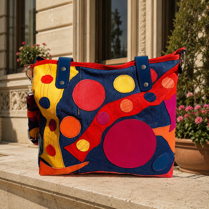 Large Colorful Leather Patchwork Tote Bag – Denim Shoulder Bag