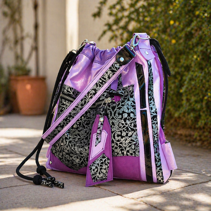 Purple leather and suede convertible backpack with black and silver details – MARTINELI