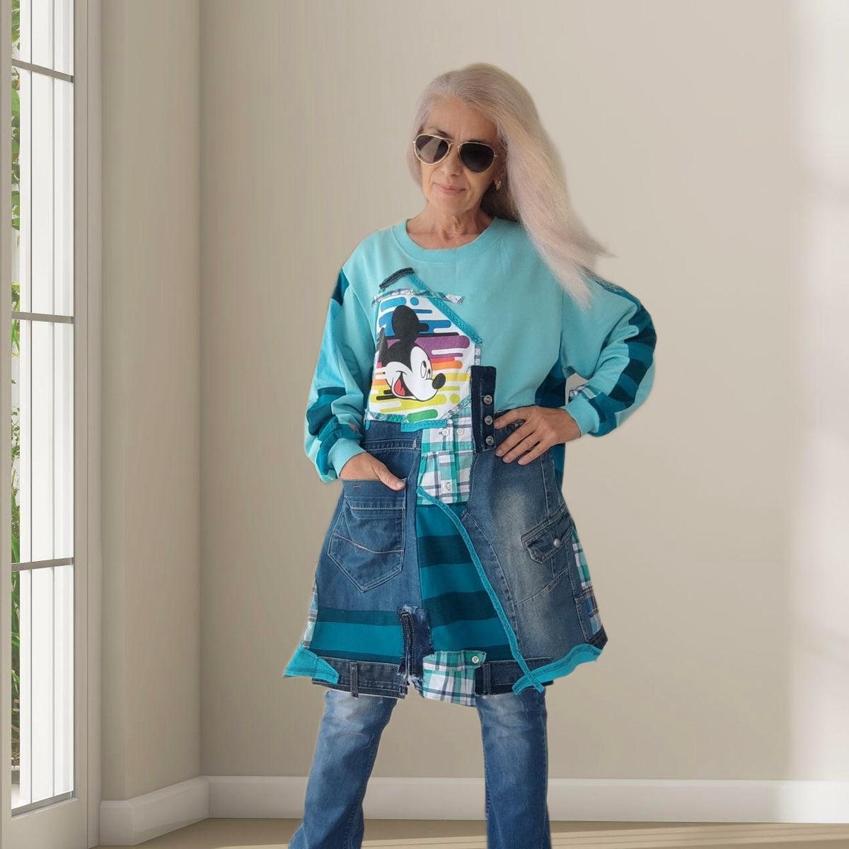 3XL Plus Size Mickey Mouse Dress – Turquoise Denim Patchwork Tunic