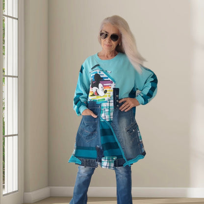 3XL Plus Size Mickey Mouse Dress – Turquoise Denim Patchwork Tunic