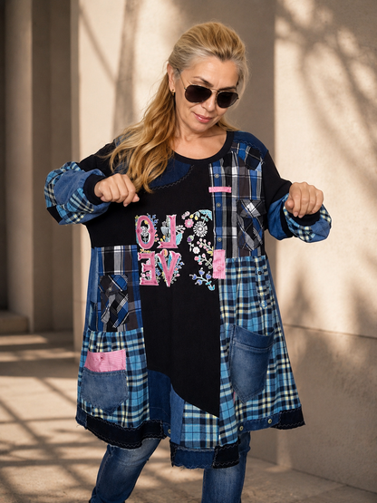 4XL Plus Size Plaid Denim Dress – Boho Patchwork Tunic