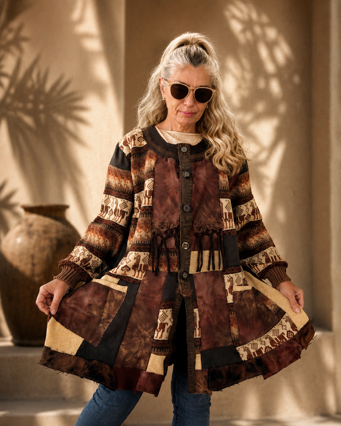 Woman modeling a handmade 2XL plus size brown patchwork cardigan dress with patterned alpaca wool sweater sections, brown denim panels, glittering gold knit accents, lace details and front buttons by MARTINELI.