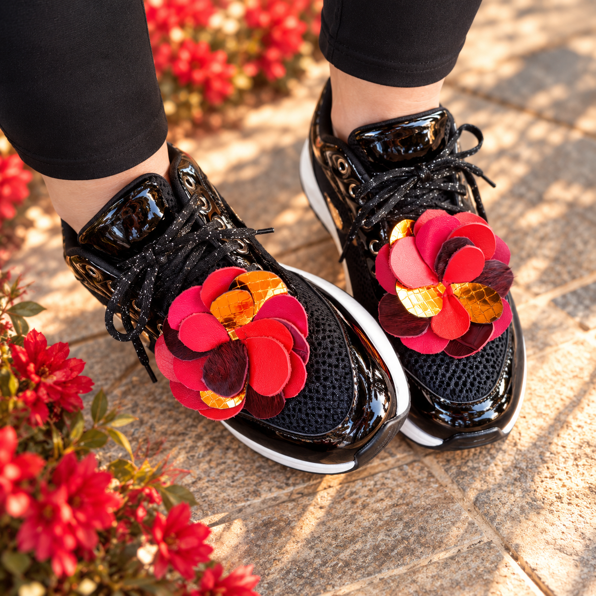 REBEL BLOOM red leather flower sneaker charms handmade by MARTINELI