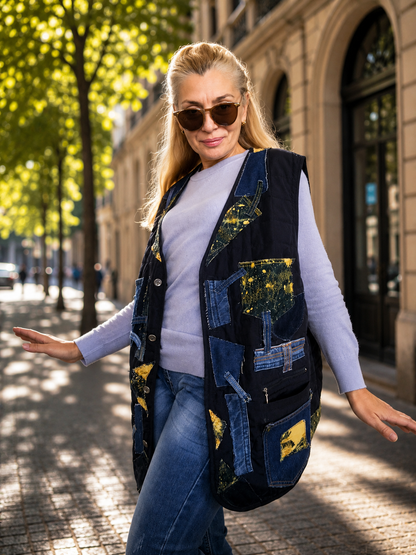 XL/2XL Plus Size Quilted Denim Vest – Blue Patchwork Sleeveless Jacket
