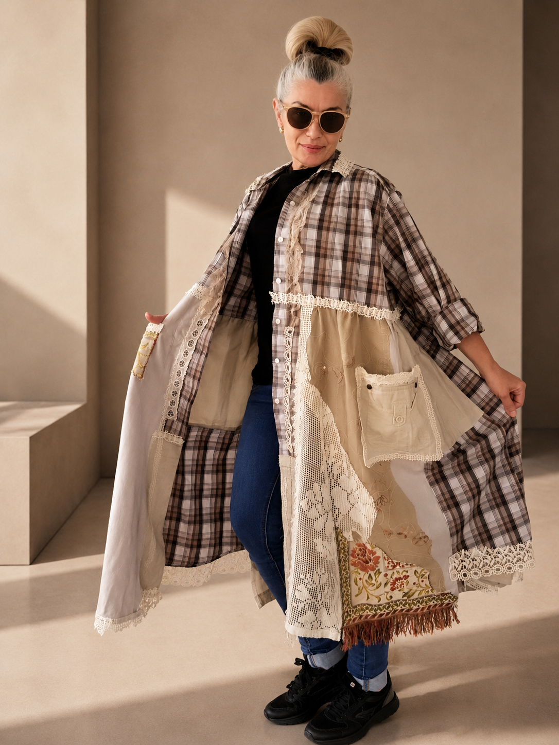 2XL Plus Size Linen Duster Dress – Beige Plaid Patchwork Boho Jacket
