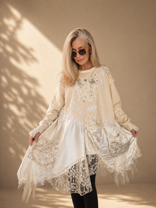 Plus Size Beige Sweatshirt Dress,3XL Loose Floral Satin Dress